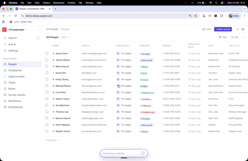 Deway working inside a CRM product -- real-time intent detection and autonomous user guidance