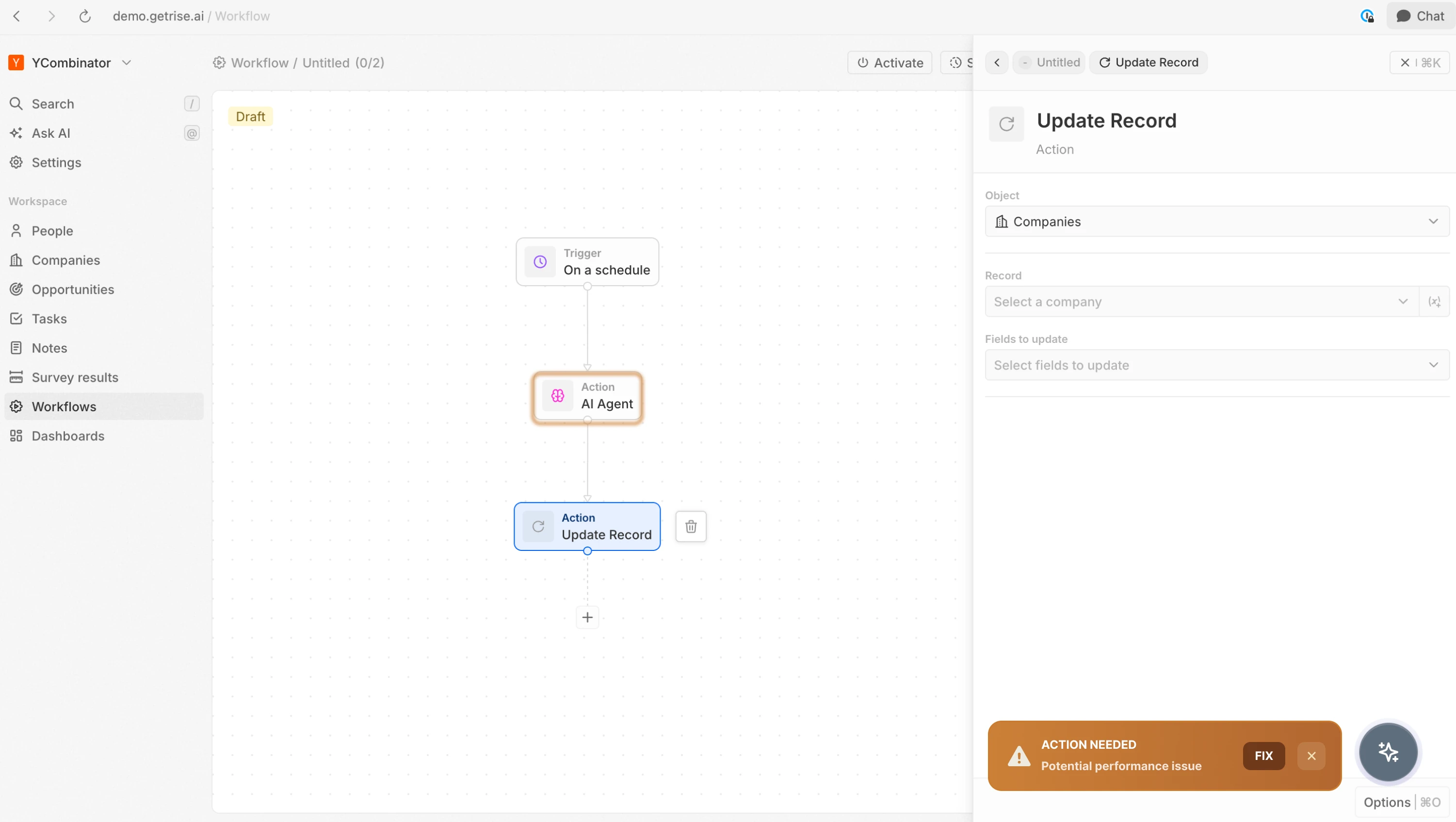 Deway AI Specialist dashboard showing customer success metrics, issue detection, and automated fixes for preventing customer churn